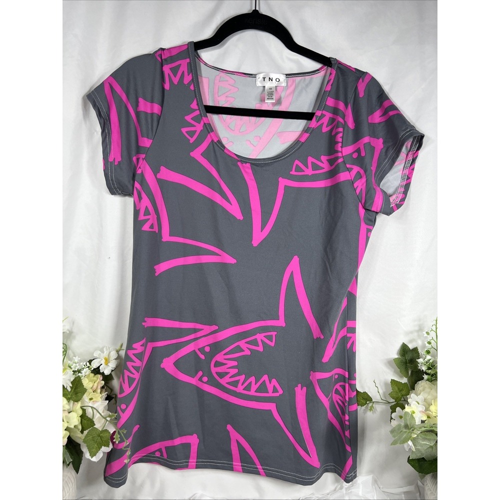Vintage T N O Size 1 X Dry Fit Hot Pink‎ And Grey Shark Shirt